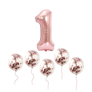 Rose gold number 1 foil balloon set with five clear latex confetti balloons for parties