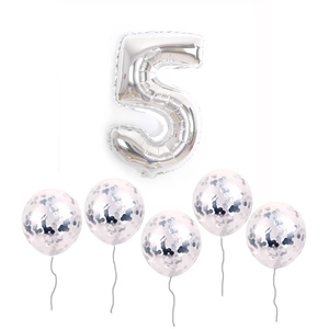 Set including a large silver foil number 5 balloon and five transparent silver confetti balloons