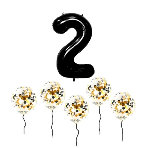 6-piece party balloon set featuring a large black number 2 and gold confetti latex balloons