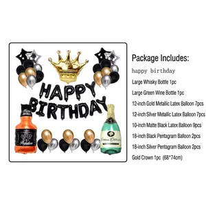 Whiskey bottle birthday balloon set with black gold letters and crown for party decor