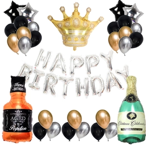 Black and gold whiskey bottle balloon set with Happy Birthday letters and crown