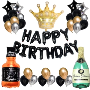 Happy Birthday Balloon Decoration Set With Aluminum Film Whisky Bottle Champagne Bottle Crown Shape Balloons For Adult Party Celebration