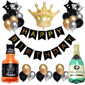 Whiskey bottle and gold crown balloon kit with black gold Happy Birthday banner set