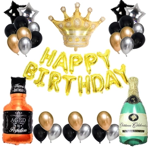 Whiskey bottle and crown balloon set for black and gold adult birthday party decoration