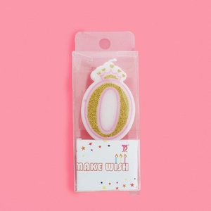 Pink and gold number 0 birthday candle with glitter crown for cake decoration
