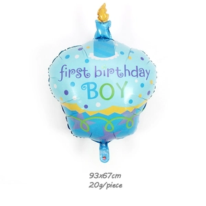 Blauer Cupcake-Folienballon mit Aufschrift 'first birthday BOY' für Baby-Geburtstage