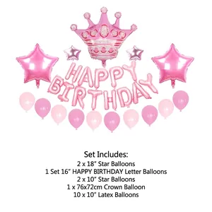 Kit de ballons d'anniversaire roses avec couronne, lettres et étoiles en aluminium