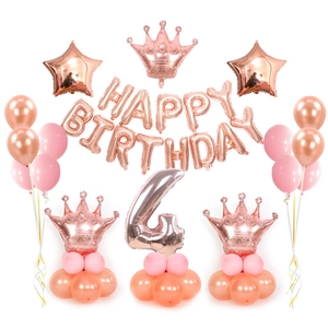 Kit ballons 4ème anniversaire or rose avec lettres Happy Birthday, couronnes et chiffre 4