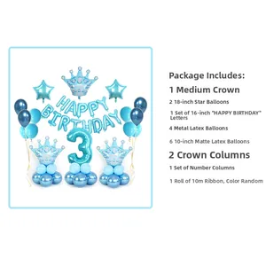 Blue birthday balloon set featuring number 3 and crown on a vertical column stand