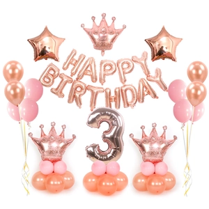 Kit ballons anniversaire or rose avec lettres Happy Birthday couronne et chiffre 3