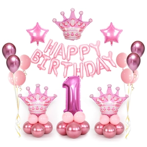 Pink and rose gold first birthday balloon set with number 1, crown, and stars