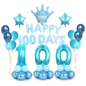 Blue Happy 100 Days balloon set with crown and star foil balloons for baby party decor