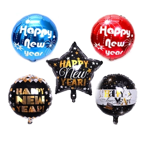 Detailed set of five Happy New Year foil balloons featuring star and round shapes