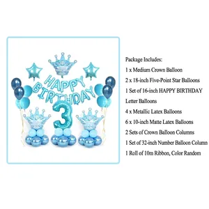 Blue 3rd birthday balloon set with crown, star foil, and Happy Birthday letter balloons