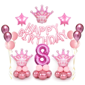 Pink theme birthday balloon set with happy birthday letters, number 8, and crown balloons
