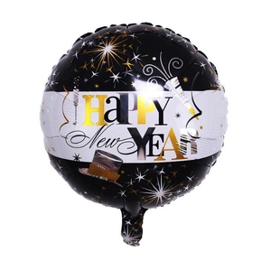 Black Happy New Year foil balloon with gold fireworks and champagne design for party