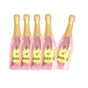 Five rose gold champagne bottle foil balloons with let's party print for party decor