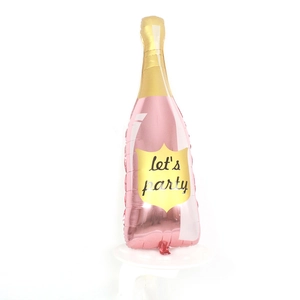 Large rose gold champagne bottle foil balloon with Let's Party text for birthday events