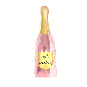 Large rose gold champagne bottle foil balloon with Let's Party text for birthday decor