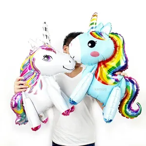 3D standing unicorn foil balloons set for birthday party decorations in blue and white