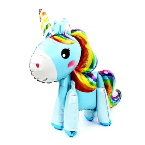 3D standing blue unicorn foil balloon with rainbow mane for birthday party decorations