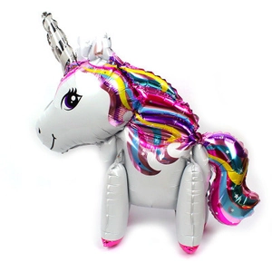 Detail of 3D standing unicorn balloon with white body and vibrant rainbow mane and silver horn