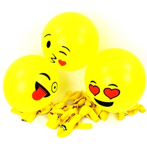 Set of 12 inch yellow emoji latex balloons featuring heart eyes and kiss faces for birthdays