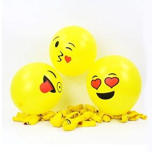Set of yellow 12-inch emoji latex balloons featuring classic smiley faces for party decor
