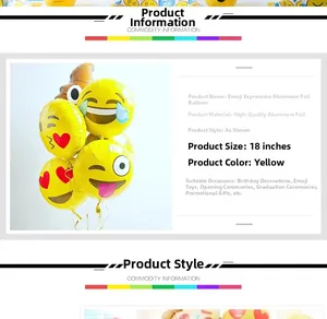 Detailed specifications of 18-inch yellow Emoji foil balloons for party decoration
