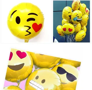 Collage of yellow Emoji foil balloons with classic faces for birthday party decoration