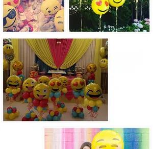 Detailed views of yellow emoji foil balloons for birthday party decorations and events