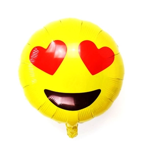 Round yellow emoji foil balloon with heart eyes and smile for birthday party decor