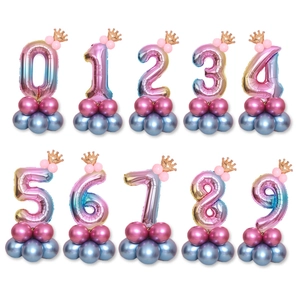 Gradient Number Balloon With Gold Crown Pillar Base For Kids Birthday Party Baby Shower Aluminum Film Balloon Decoration