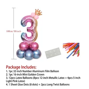 32-inch gradient number 3 balloon set with golden crown for birthday party decor