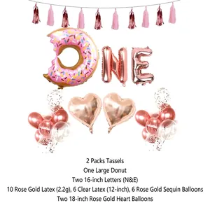 Set de ballons donut rose doré pour 1er anniversaire avec lettres ONE et cœurs déco