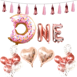 Ensemble de Ballons Premier Anniversaire Donut Or Rose Lettres Ballons en Aluminium Latex Ballons Confettis Glands Roses Décoration de Fête Bébé Fille