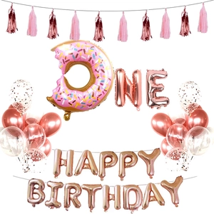 Donut Birthday Balloon Kit Rose Gold ONE Happy Birthday Letters Aluminum Foil Latex Balloons For Baby First Birthday Party Decoration