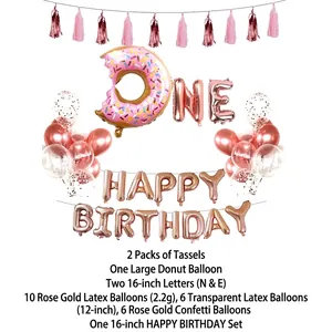 Rose gold 16 inch birthday balloon set with donut and confetti balloons for party decor