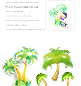 Detailed view of large palm tree foil balloons with dimensions and kid-friendly size reference