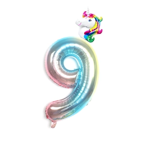 32-inch gradient rainbow number 9 foil balloon with cute unicorn head for birthday party