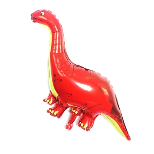 Red dinosaur foil balloon detail, long neck animal shape party decoration prop close-up.