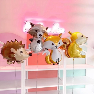 Forest animal foil balloons kit featuring fox raccoon squirrel and hedgehog birthday decor