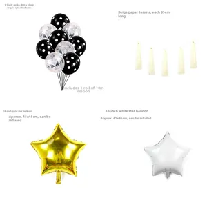 Détails des ballons à pois noirs, ballons étoiles dorées et pompons de fête