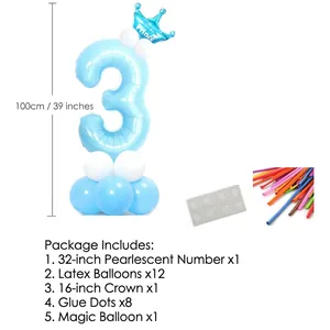 Set colonna palloncino numero 3 azzurro da 32 pollici con corona per compleanni