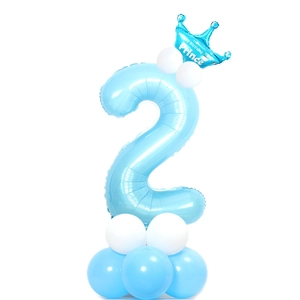 Palloncino numero 2 blu con mini corona e base in lattice per decorazioni di compleanno