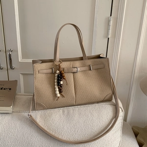 Retro PU Leather Weaving Texture Tote Bag For Women Large Capacity Crossbody Handbag With Pendant Fashion Commuter Shoulder Bag