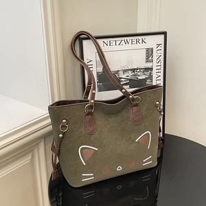 Sac Cabas Chat de Dessin Animé de Mode Sac à Épaule en Cuir PU de Grande Capacité pour Femme Sac à Main de Bureau Minimaliste Rétro Décontracté