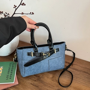 Women Vintage Simple PU Leather Crossbody Bag Fashion Denim Texture Handbag Contrast Color Tote Bag With Adjustable Strap