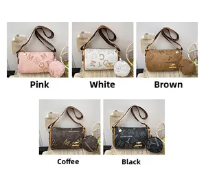 Detail of trendy Boston bags with wide shoulder straps and mini coin purses in five colors