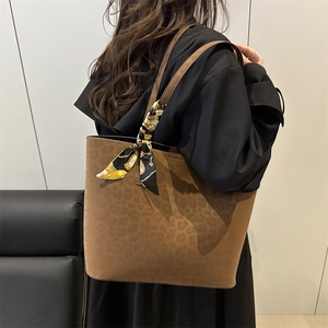 Brown leopard print suede tote bag with silk scarf accessory for women office commuting